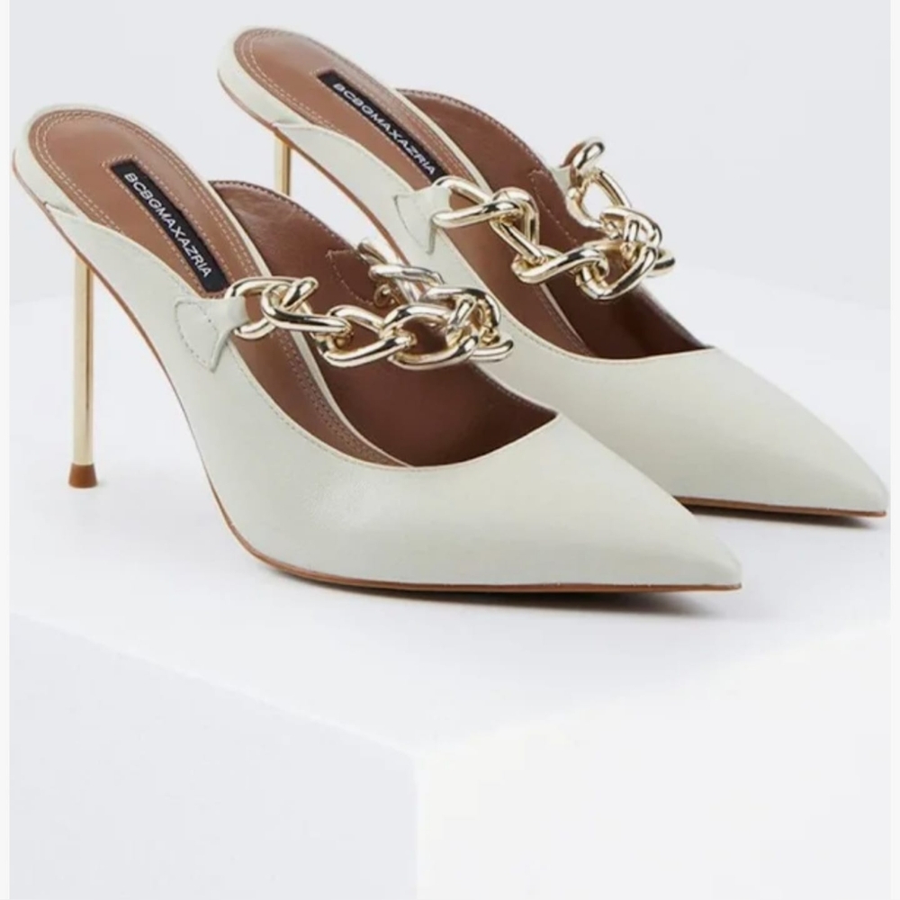 BCBGMAXAZRIA Marlise Pointy Toe Mule With Chain‎ White SIZES 6.5, 7, 9 NIB